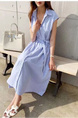 Korean Dongdaemun New Striped Sleeveless Waistcoat Dress Shirt Long Skirt with Pockets on Both Sides with Belt - Light Blue