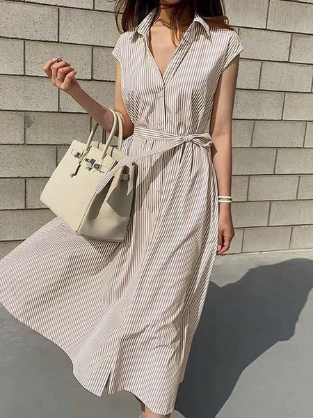 Korean Dongdaemun New Striped Sleeveless Waistcoat Dress Shirt Long Skirt with Pockets on Both Sides with Belt - Beige Stripes