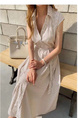 Korean Dongdaemun New Striped Sleeveless Waistcoat Dress Shirt Long Skirt with Pockets on Both Sides with Belt - Beige Stripes