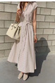 Korean Dongdaemun New Striped Sleeveless Waistcoat Dress Shirt Long Skirt with Pockets on Both Sides with Belt - Beige Stripes