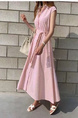 Korean Dongdaemun New Striped Sleeveless Waistcoat Dress Shirt Long Skirt with Pockets on Both Sides with Belt - Pink Stripes