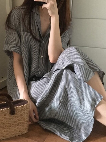 Korean Chic Style Lapel Striped Loose Mid-Length Short-Sleeved Shirt Dress for Women - Gray Stripes