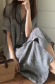 Korean Chic Style Lapel Striped Loose Mid-Length Short-Sleeved Shirt Dress for Women - Gray Stripes