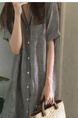Korean Chic Style Lapel Striped Loose Mid-Length Short-Sleeved Shirt Dress for Women - Gray Stripes