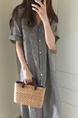 Korean Chic Style Lapel Striped Loose Mid-Length Short-Sleeved Shirt Dress for Women - Gray Stripes
