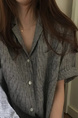 Korean Chic Style Lapel Striped Loose Mid-Length Short-Sleeved Shirt Dress for Women - Gray Stripes