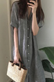 Korean Chic Style Lapel Striped Loose Mid-Length Short-Sleeved Shirt Dress for Women - Gray Stripes