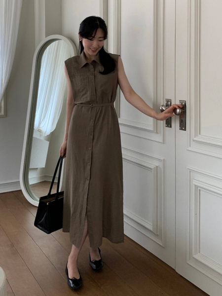 Korean Chic Simple Temperament Belted Shirt Collar Sleeveless Dress Long Skirt for Women with Pockets on Both Sides - Olive Green