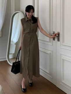 Korean Chic Simple Temperament Belted Shirt Collar Sleeveless Dress Long Skirt for Women with Pockets on Both Sides - Olive Green