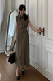 Korean Chic Simple Temperament Belted Shirt Collar Sleeveless Dress Long Skirt for Women with Pockets on Both Sides - Olive Green
