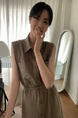 Korean Chic Simple Temperament Belted Shirt Collar Sleeveless Dress Long Skirt for Women with Pockets on Both Sides - Olive Green