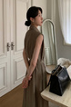 Korean Chic Simple Temperament Belted Shirt Collar Sleeveless Dress Long Skirt for Women with Pockets on Both Sides - Olive Green