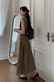 Korean Chic Simple Temperament Belted Shirt Collar Sleeveless Dress Long Skirt for Women with Pockets on Both Sides - Olive Green