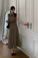 Korean Chic Simple Temperament Belted Shirt Collar Sleeveless Dress Long Skirt for Women with Pockets on Both Sides - Olive Green