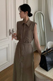Korean Chic Simple Temperament Belted Shirt Collar Sleeveless Dress Long Skirt for Women with Pockets on Both Sides - Olive Green