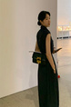 Korean Chic Simple Temperament Belted Shirt Collar Sleeveless Dress Long Skirt for Women with Pockets on Both Sides - Navy Blue