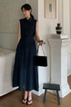 Korean Chic Simple Temperament Belted Shirt Collar Sleeveless Dress Long Skirt for Women with Pockets on Both Sides - Navy Blue