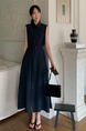 Korean Chic Simple Temperament Belted Shirt Collar Sleeveless Dress Long Skirt for Women with Pockets on Both Sides - Navy Blue