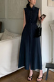 Korean Chic Simple Temperament Belted Shirt Collar Sleeveless Dress Long Skirt for Women with Pockets on Both Sides - Navy Blue