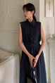 Korean Chic Simple Temperament Belted Shirt Collar Sleeveless Dress Long Skirt for Women with Pockets on Both Sides - Navy Blue