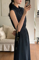 Korean Chic Simple Temperament Belted Shirt Collar Sleeveless Dress Long Skirt for Women with Pockets on Both Sides - Navy Blue