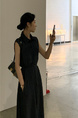 Korean Chic Simple Temperament Belted Shirt Collar Sleeveless Dress Long Skirt for Women with Pockets on Both Sides - Navy Blue
