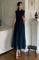 Korean Chic Simple Temperament Belted Shirt Collar Sleeveless Dress Long Skirt for Women with Pockets on Both Sides - Navy Blue