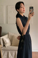 Korean Chic Simple Temperament Belted Shirt Collar Sleeveless Dress Long Skirt for Women with Pockets on Both Sides - Navy Blue