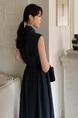 Korean Chic Simple Temperament Belted Shirt Collar Sleeveless Dress Long Skirt for Women with Pockets on Both Sides - Navy Blue