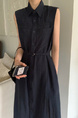 Korean Chic Simple Temperament Belted Shirt Collar Sleeveless Dress Long Skirt for Women with Pockets on Both Sides - Navy Blue