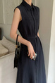 Korean Chic Simple Temperament Belted Shirt Collar Sleeveless Dress Long Skirt for Women with Pockets on Both Sides - Navy Blue