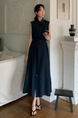 Korean Chic Simple Temperament Belted Shirt Collar Sleeveless Dress Long Skirt for Women with Pockets on Both Sides - Navy Blue