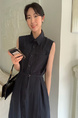 Korean Chic Simple Temperament Belted Shirt Collar Sleeveless Dress Long Skirt for Women with Pockets on Both Sides - Navy Blue