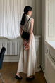Korean Chic Simple Temperament Belted Shirt Collar Sleeveless Dress Long Skirt for Women with Pockets on Both Sides - Beige