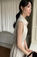 Korean Chic Simple Temperament Belted Shirt Collar Sleeveless Dress Long Skirt for Women with Pockets on Both Sides - Beige