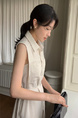 Korean Chic Simple Temperament Belted Shirt Collar Sleeveless Dress Long Skirt for Women with Pockets on Both Sides - Beige