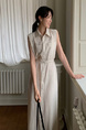 Korean Chic Simple Temperament Belted Shirt Collar Sleeveless Dress Long Skirt for Women with Pockets on Both Sides - Beige
