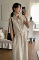 Korean Chic Simple Temperament Belted Shirt Collar Sleeveless Dress Long Skirt for Women with Pockets on Both Sides - Beige