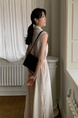 Korean Chic Simple Temperament Belted Shirt Collar Sleeveless Dress Long Skirt for Women with Pockets on Both Sides - Beige