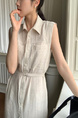 Korean Chic Simple Temperament Belted Shirt Collar Sleeveless Dress Long Skirt for Women with Pockets on Both Sides - Beige