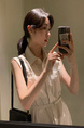 Korean Chic Simple Temperament Belted Shirt Collar Sleeveless Dress Long Skirt for Women with Pockets on Both Sides - Beige