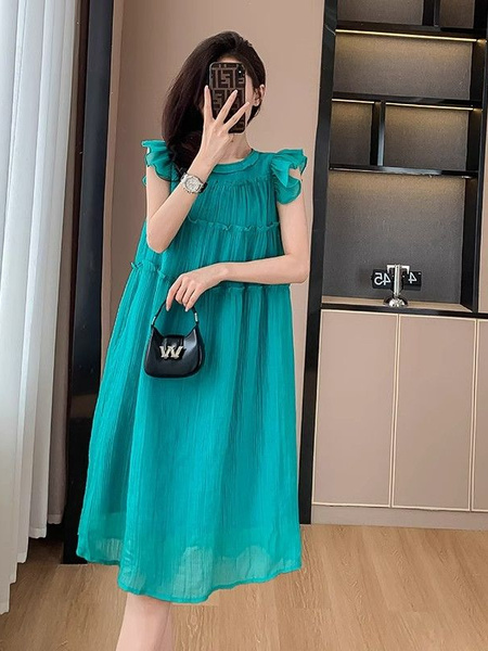 Original Fabric! Teal Flying Sleeve Sling Dress Female Spring and Summer Dopamine Sanya Seaside Vacation Beach