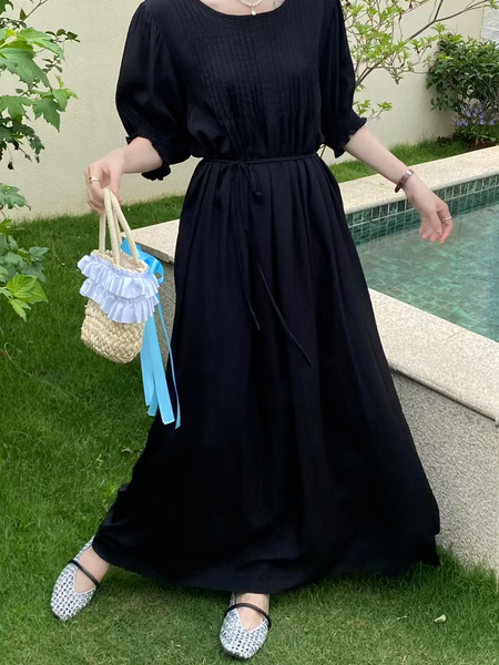 In Stock Real Shot Retro Artistic Loose Plus Size Overknee Long Dress - Black