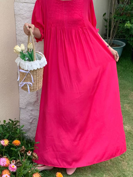 In Stock Real Shot Retro Artistic Loose Plus Size Overknee Long Dress - Fuchsia