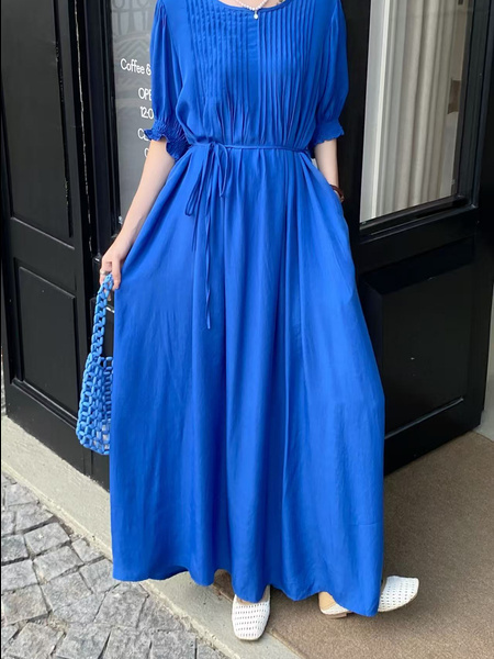 In Stock Real Shot Retro Artistic Loose Plus Size Overknee Long Dress - Royal Blue