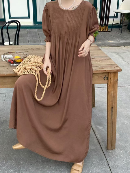 In Stock Real Shot Retro Artistic Loose Plus Size Overknee Long Dress in Chocolate Brown