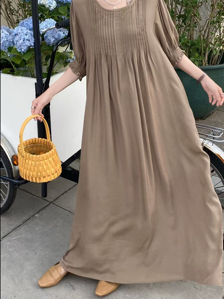 In Stock Real Shot Retro Artistic Loose Plus Size Overknee Long Dress in Taupe