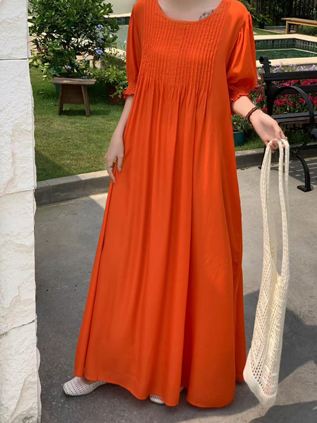 In Stock Real Shot Retro Artistic Loose Plus Size Overknee Long Dress in Bright Orange