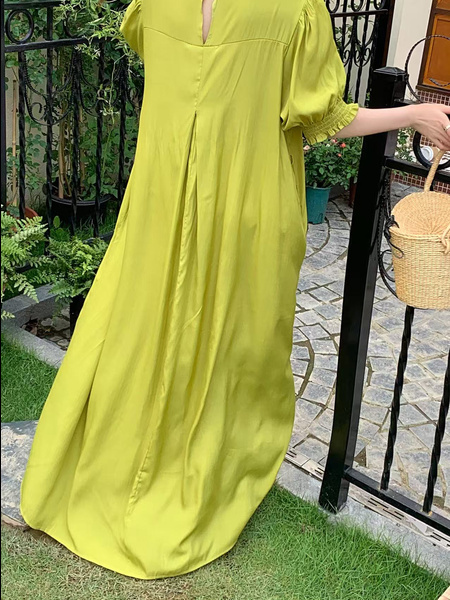 In Stock Real Shot Retro Artistic Loose Plus Size Overknee Long Dress in Olive Green