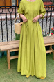 In Stock Real Shot Retro Artistic Loose Plus Size Overknee Long Dress in Olive Green